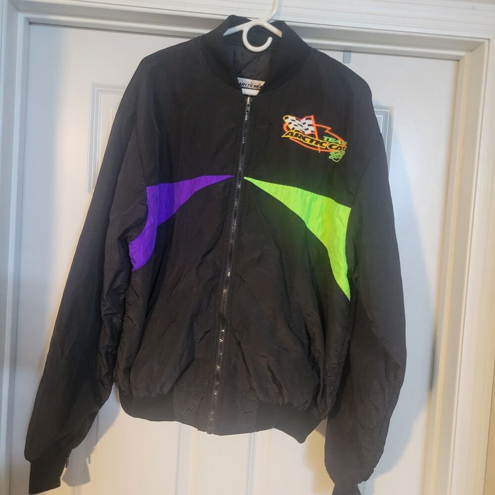 Vintage 80s Arctic Cat Zip Up Bomber Jacket  LT BLACK‎ Embroidered Nylon